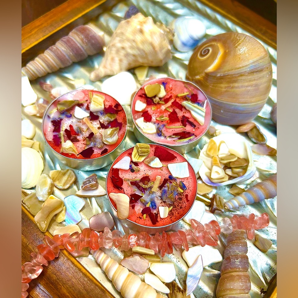 Three Aphrodite tea light candles ritual spell work roses sea shells pink salt